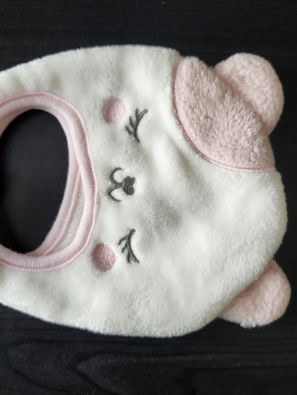 Plush Pink and White Baby Bib with Bear Ears